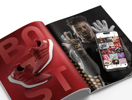 engaging product lifestyle photography banner featuring a magazine with ad visuals and an iphone displaying instagram created in our quality photo studio upd transparent w1000 555x422